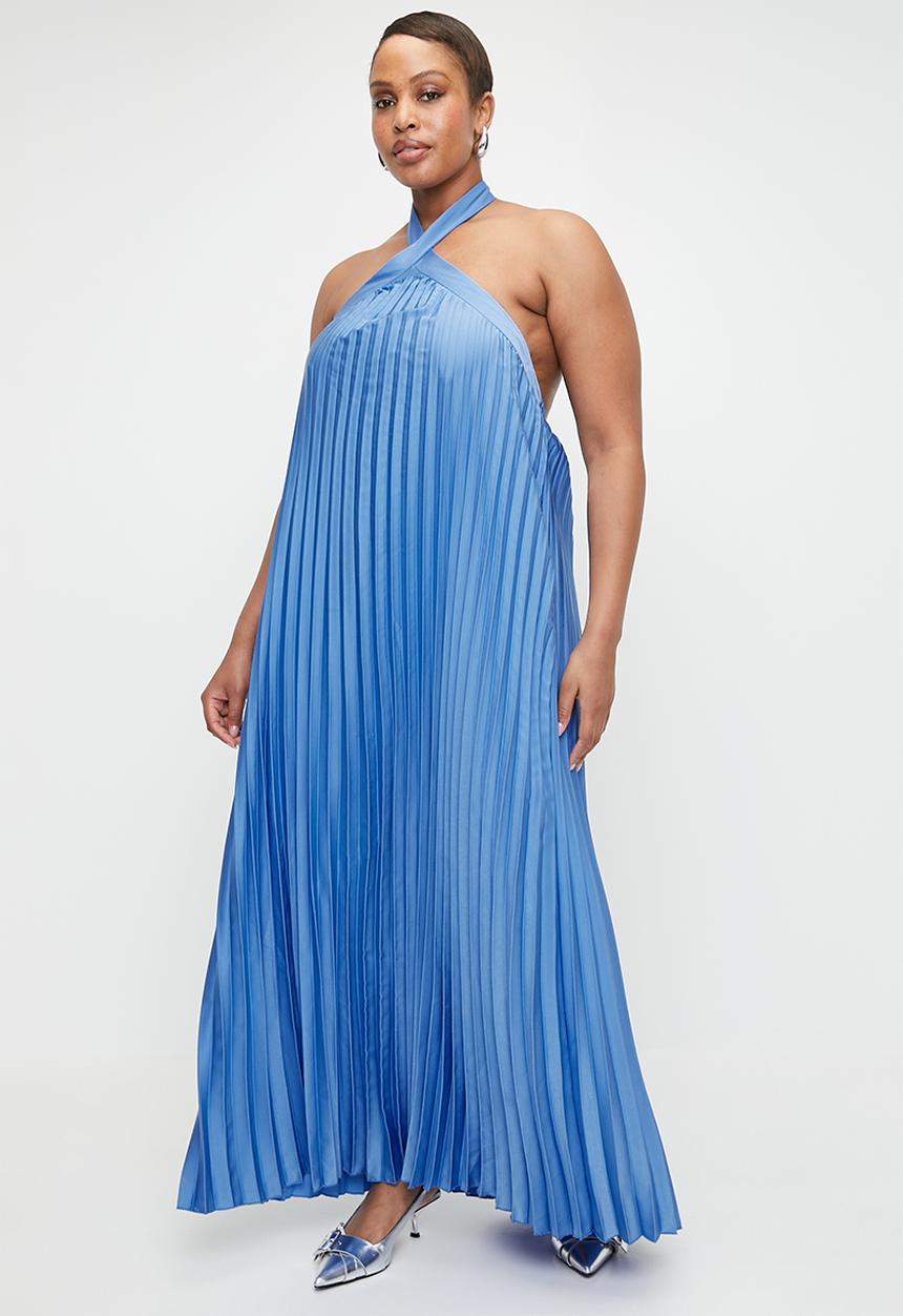VELVET - Pleated halter trapeze dress - Blue