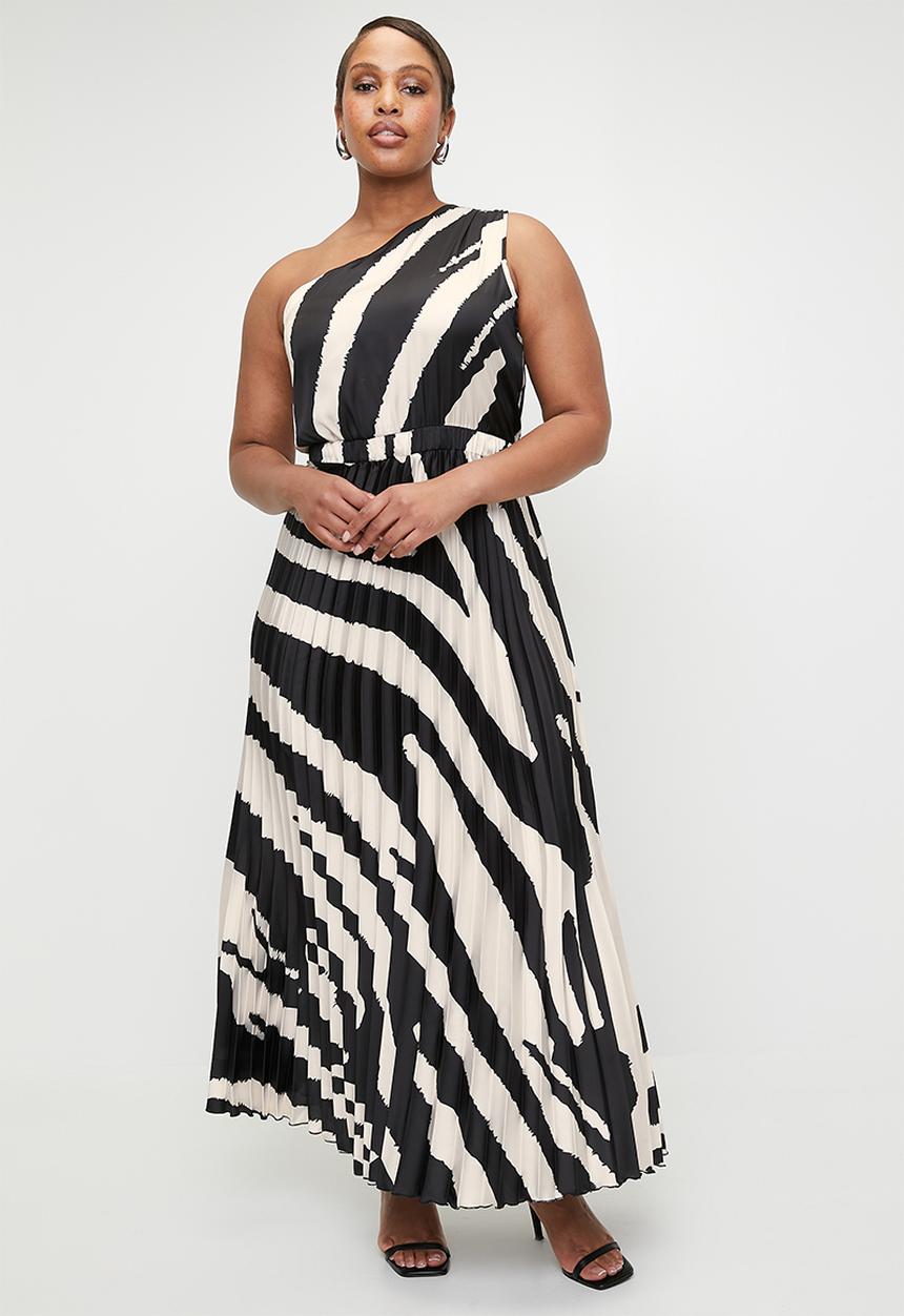 VELVET - Asymmetric Sunray Pleated Maxi Dress - Black Ecru Macro Zebra