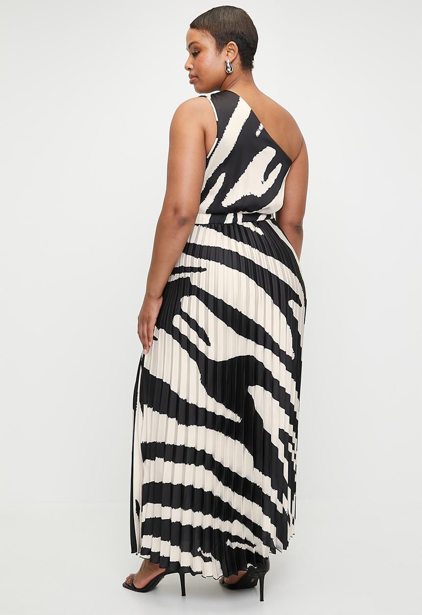 VELVET - Asymmetric Sunray Pleated Maxi Dress - Black Ecru Macro Zebra