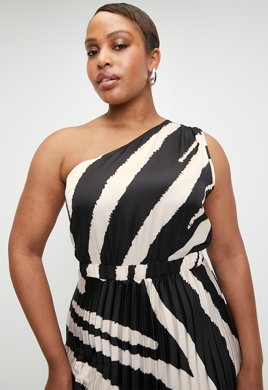 VELVET - Asymmetric Sunray Pleated Maxi Dress - Black Ecru Macro Zebra