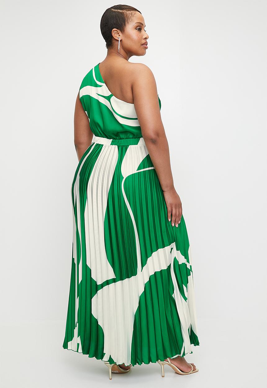 VELVET - Asymmetric Sunray Pleated Maxi Dress - Emerald Macro Colour Block
