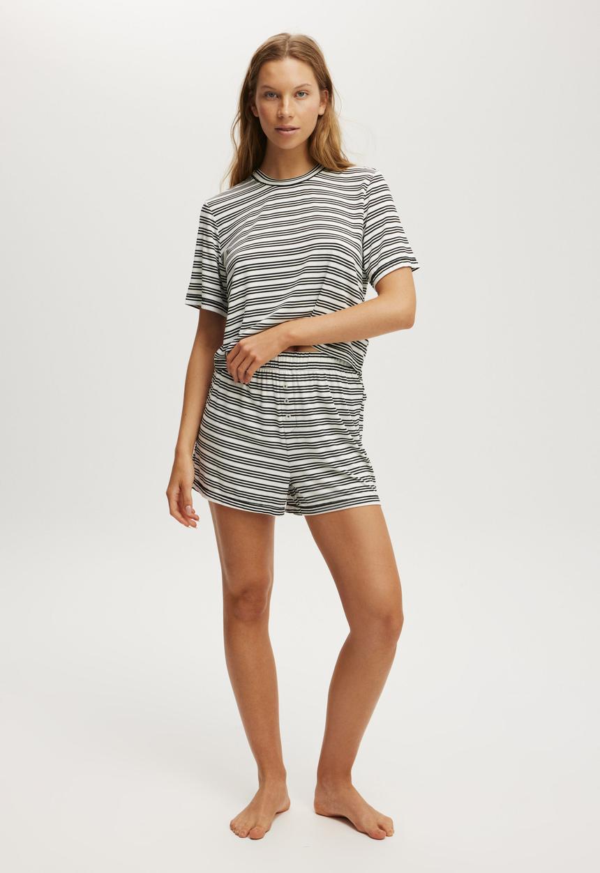 Cotton On - Dreamy Short Sleeve Jersey Sleep Set - Black/White Stripe