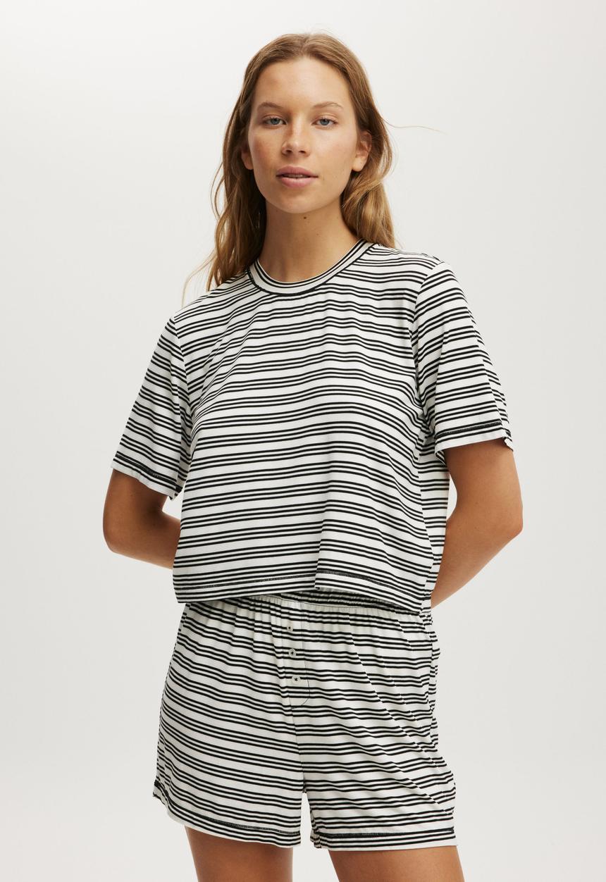 Cotton On - Dreamy Short Sleeve Jersey Sleep Set - Black/White Stripe