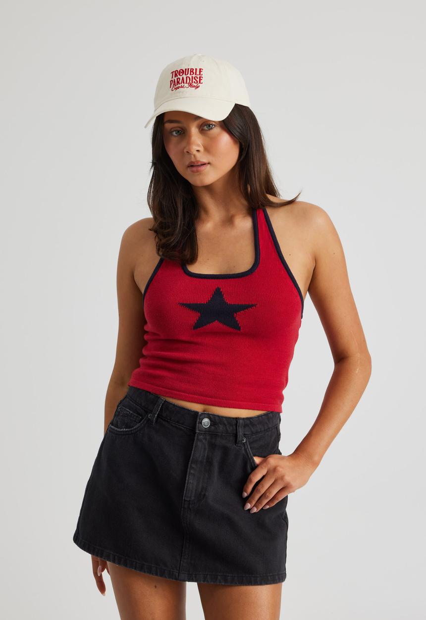 Factorie - Posie Knit Halter Top - Red/Navy Star