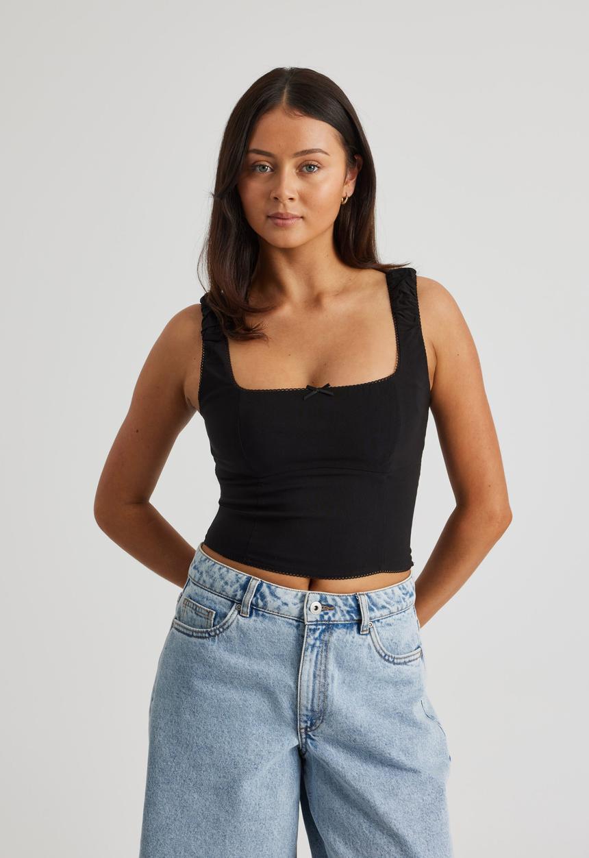Factorie - Peyton  Picot Trim Corset Top - Black