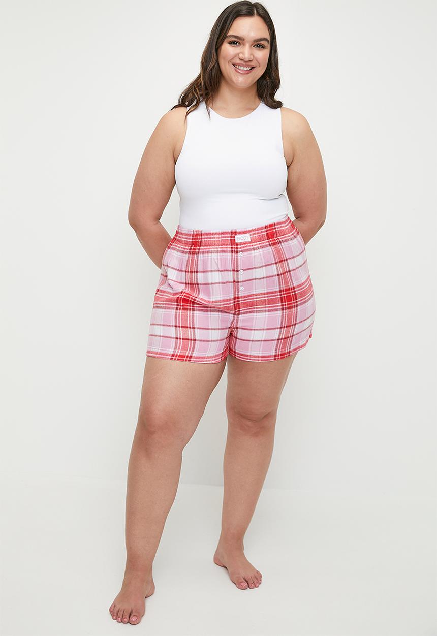 Cotton On - Plus Flannel Boyfriend Boxer Short-Remmi Check/Cherry Pop