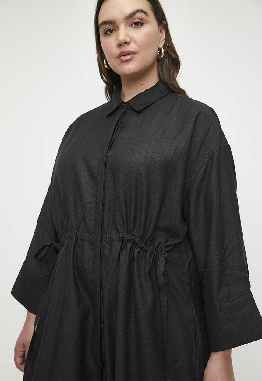 Me&B - Plus Linen Tunnel Shirt Dress In Black - Black