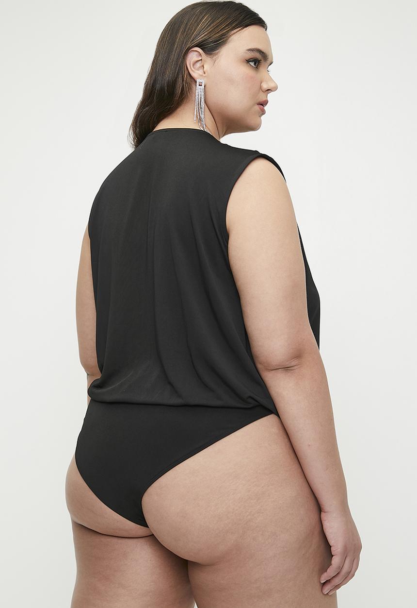 MILLA - V-neck wrap over combo bodysuit plus - black