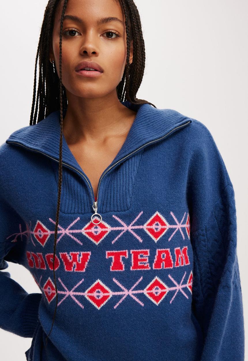 Cotton On - Active Knitted Graphic Half Zip Longlseeve-Coconut Milk