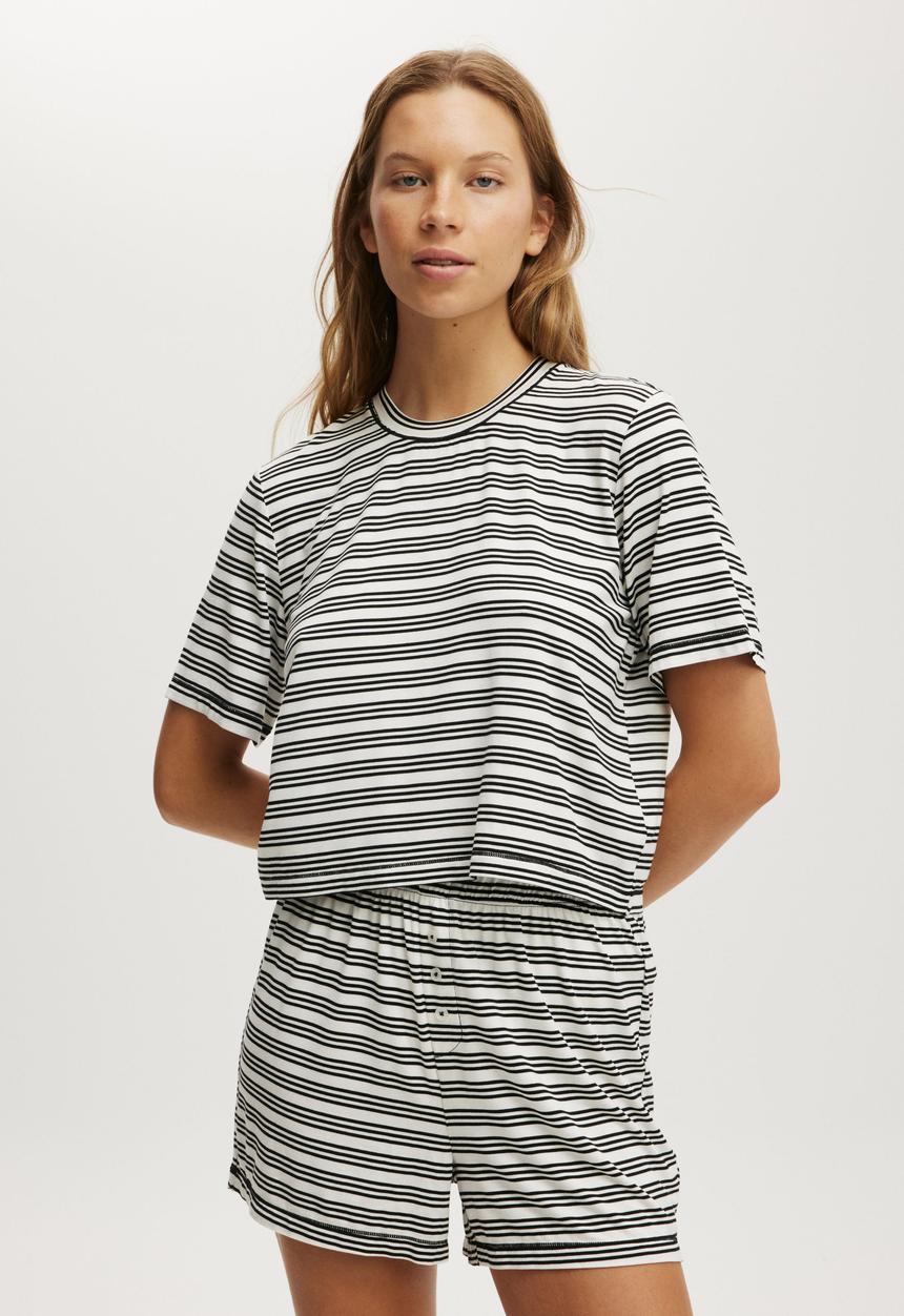 Cotton On - Plus Dreamy Short Sleeve Jersey Sleep Set-Black/White Stripe