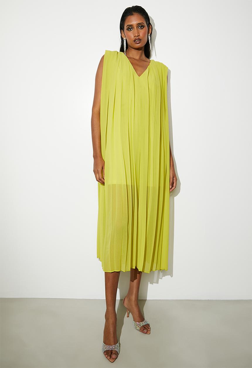 VELVET - V-neck pleated trapeze midi dress - chartreuse
