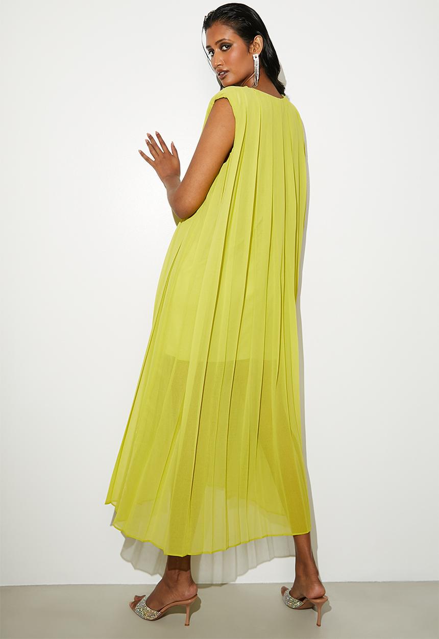 VELVET - V-neck pleated trapeze midi dress - chartreuse