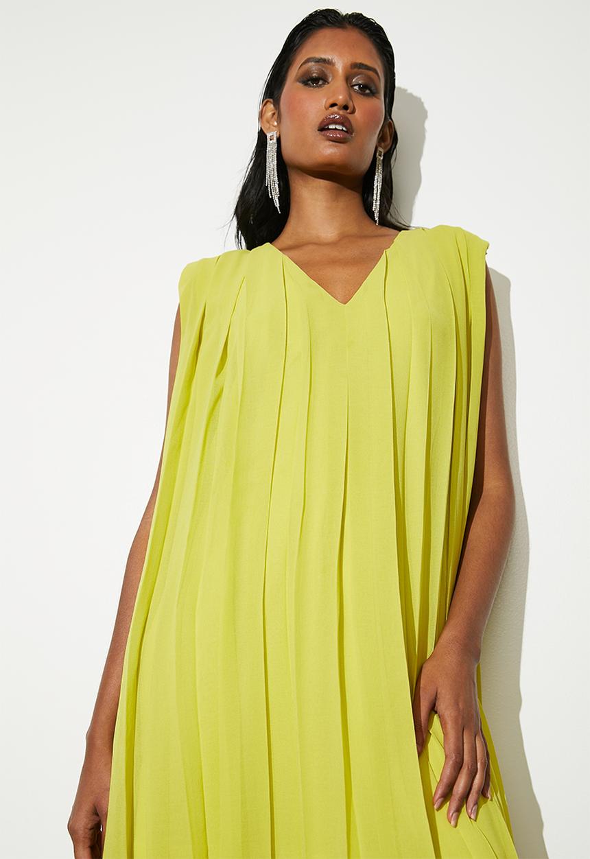 VELVET - V-neck pleated trapeze midi dress - chartreuse