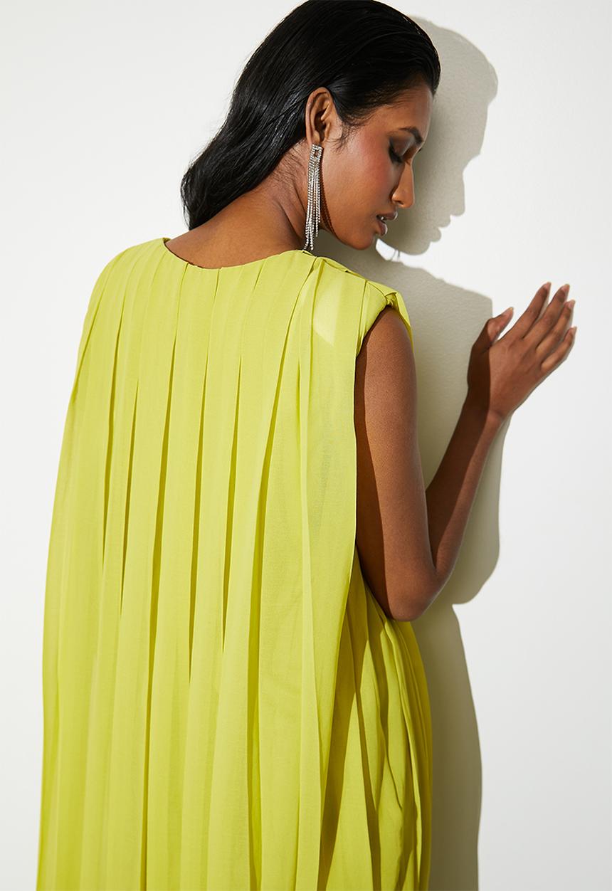 VELVET - V-neck pleated trapeze midi dress - chartreuse