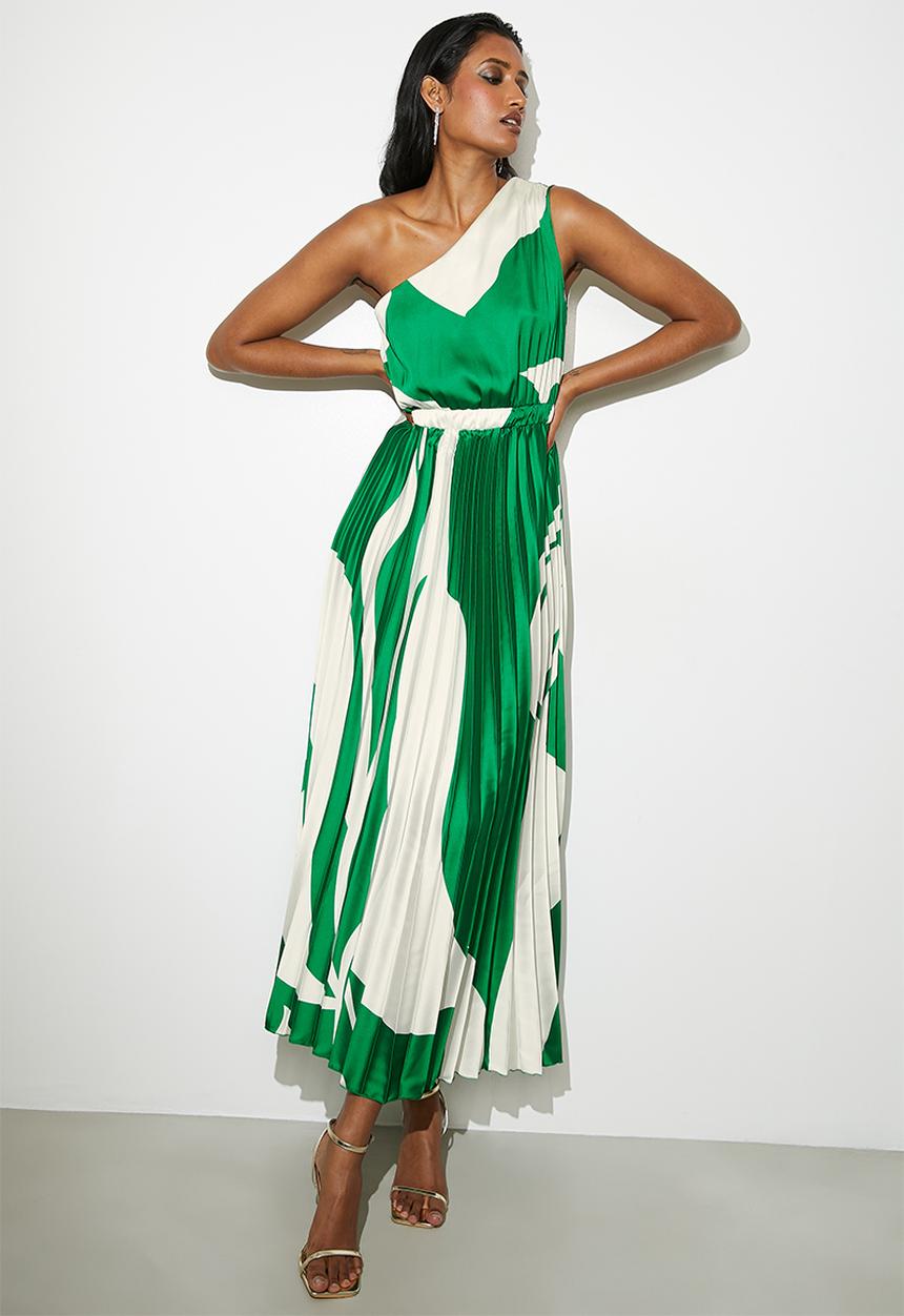 VELVET - Asymmetric sunray pleated maxi dress - emerald macro colour block