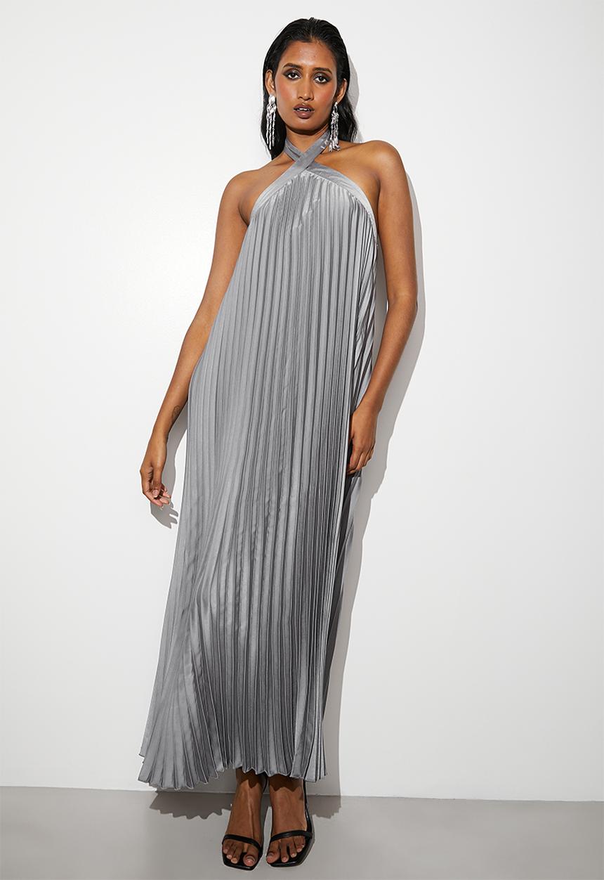 VELVET - Pleated halter trapeze dress - grey