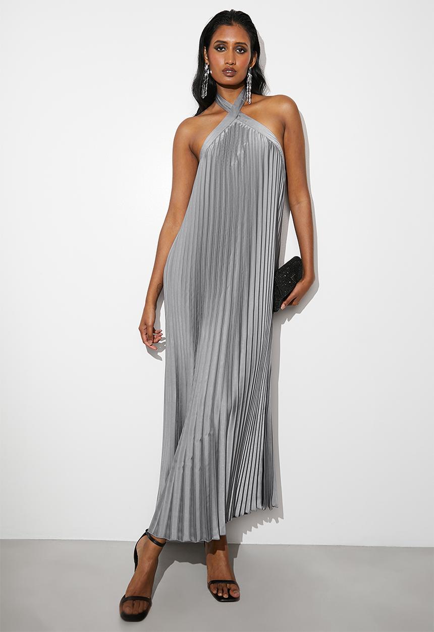 VELVET - Pleated halter trapeze dress - grey
