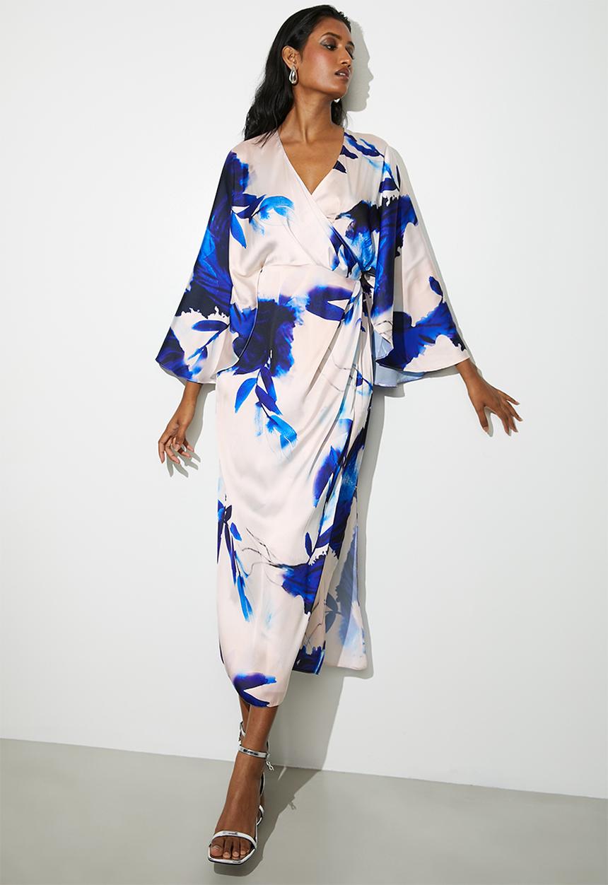VELVET - Cape sleeve wrap midi dress - blues watercolour leaf- aop