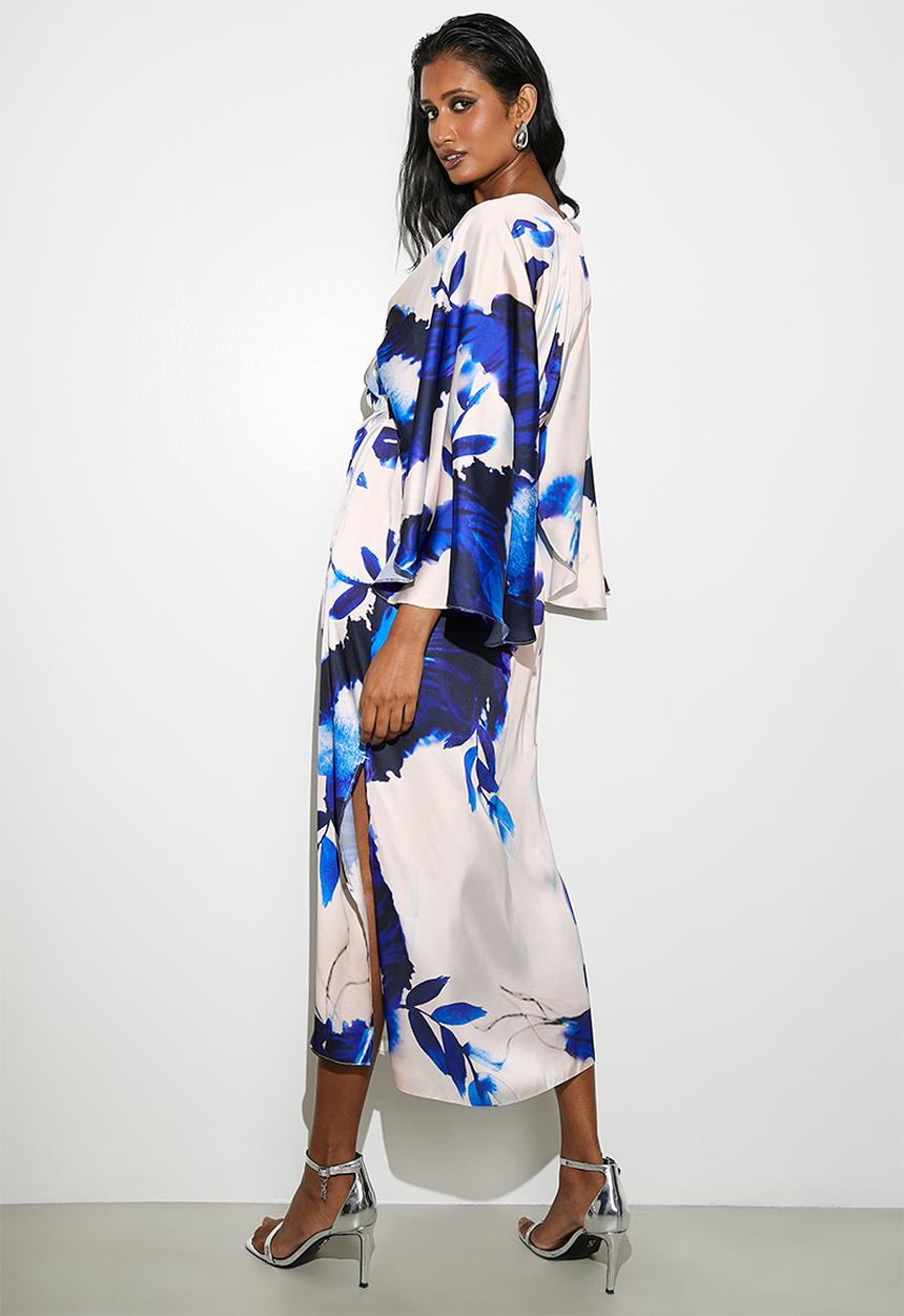VELVET - Cape sleeve wrap midi dress - blues watercolour leaf- aop