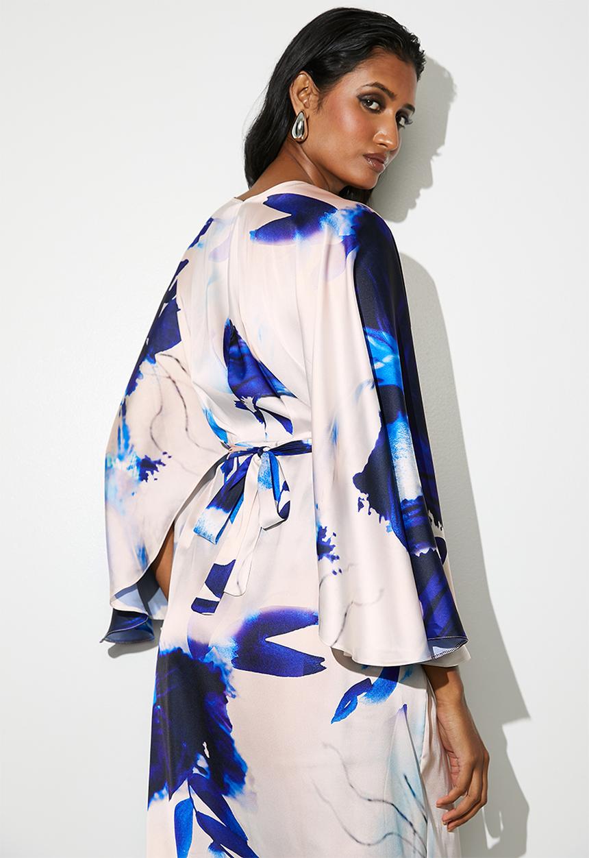 VELVET - Cape sleeve wrap midi dress - blues watercolour leaf- aop