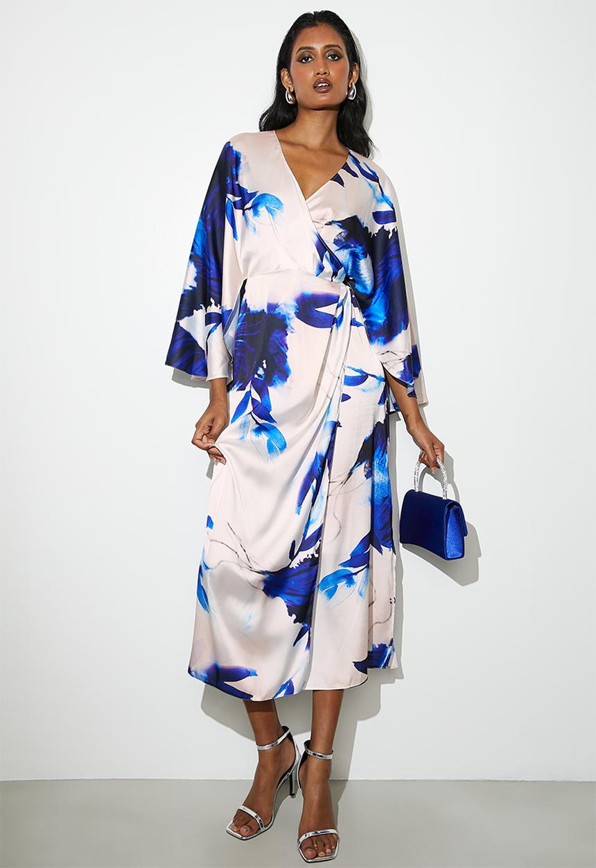 VELVET - Cape sleeve wrap midi dress - blues watercolour leaf- aop