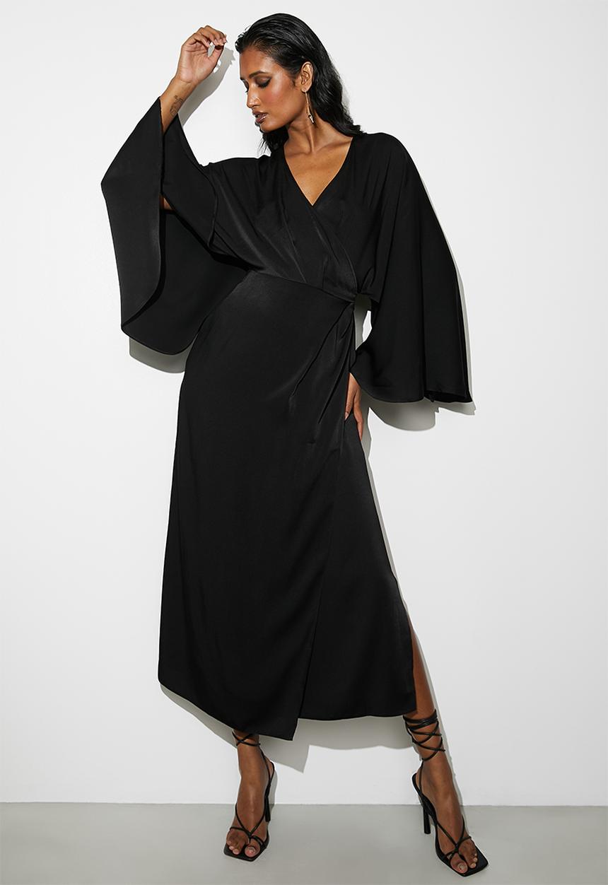 VELVET - Cape sleeve wrap midi dress - black