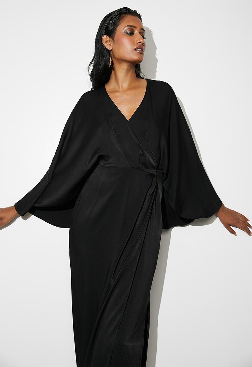 VELVET - Cape sleeve wrap midi dress - black