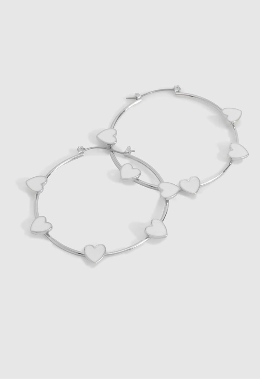 boohoo - White Enamel Scattered Heart Hoop Earring - Silver