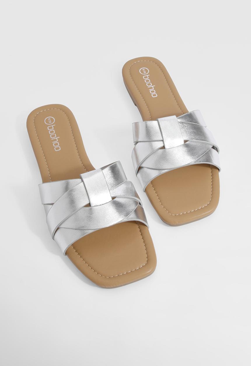 boohoo - Metallic Woven Basic Mule Sandals - Silver
