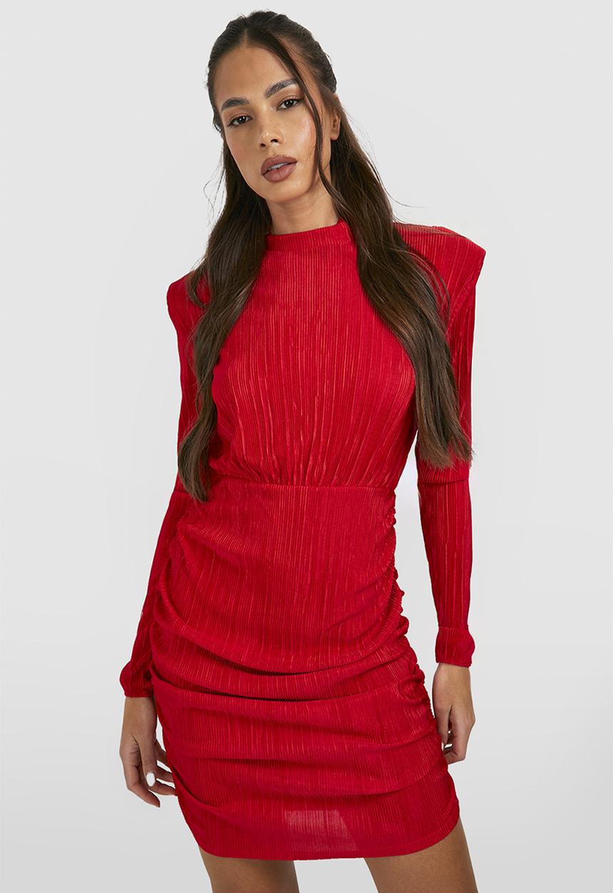 boohoo - High Neck Plisse Bodycon Dress - Red