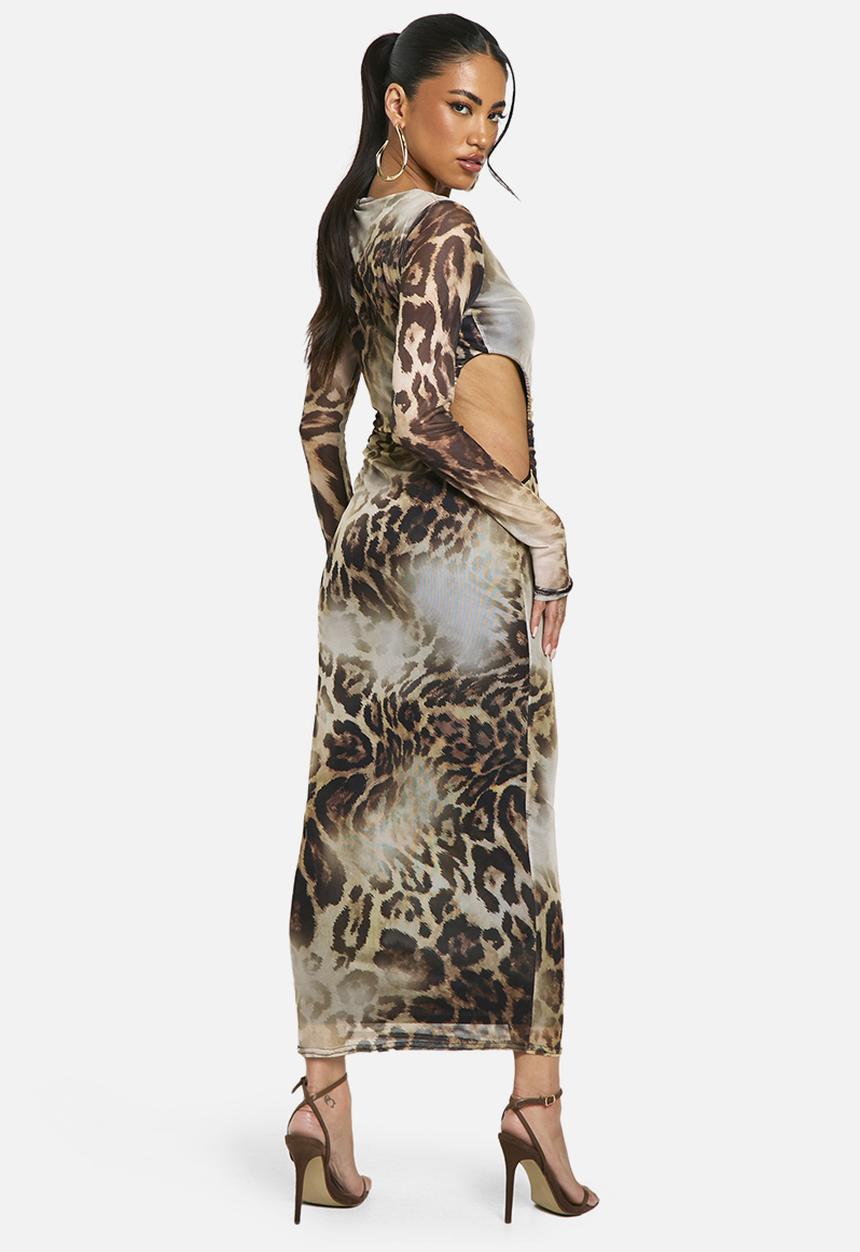 boohoo - Cut Out Long Sleeve Ruched Leopard Mesh Midaxi Dress - Brown