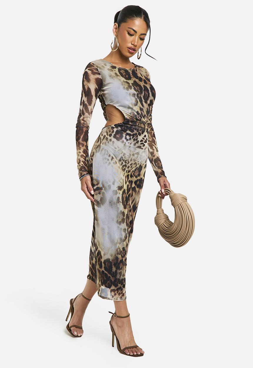 boohoo - Cut Out Long Sleeve Ruched Leopard Mesh Midaxi Dress - Brown