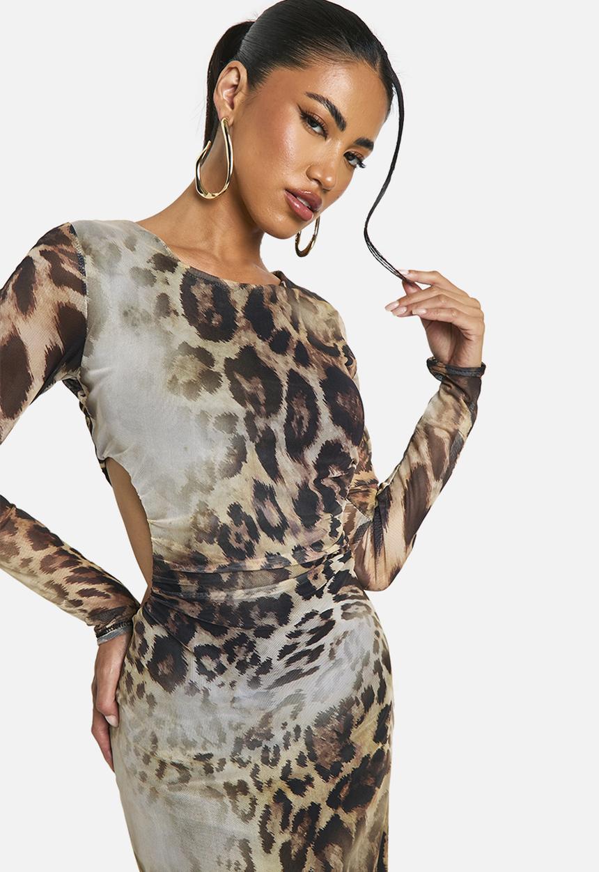 boohoo - Cut Out Long Sleeve Ruched Leopard Mesh Midaxi Dress - Brown