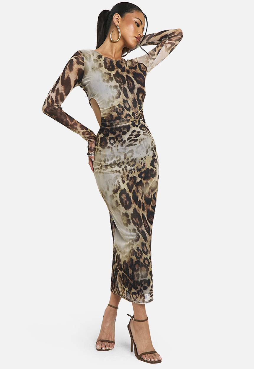 boohoo - Cut Out Long Sleeve Ruched Leopard Mesh Midaxi Dress - Brown
