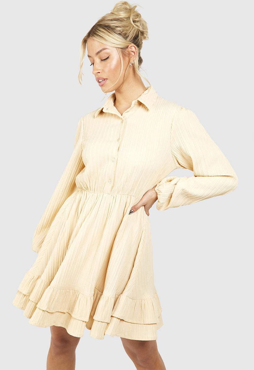 boohoo - Textured Skater Dress - Stone