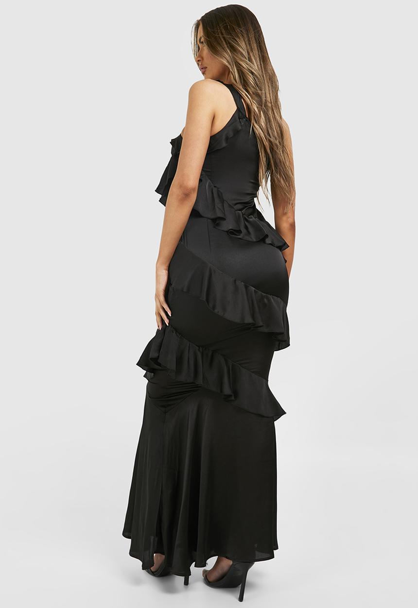 boohoo - One Shoulder Ruffle Maxi Dress - Black