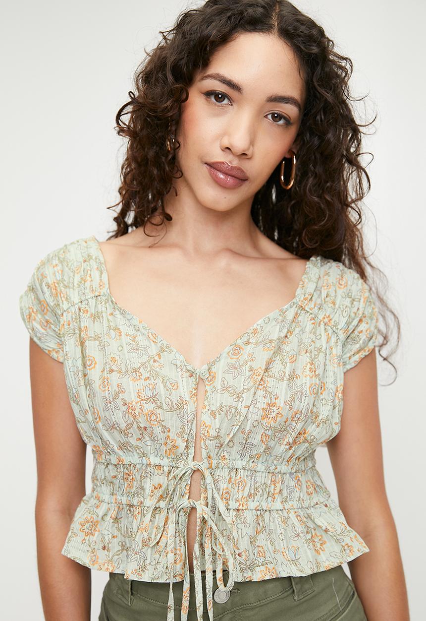 Cotton On - Frankie Gathered Blouse - Olivia Floral Blue
