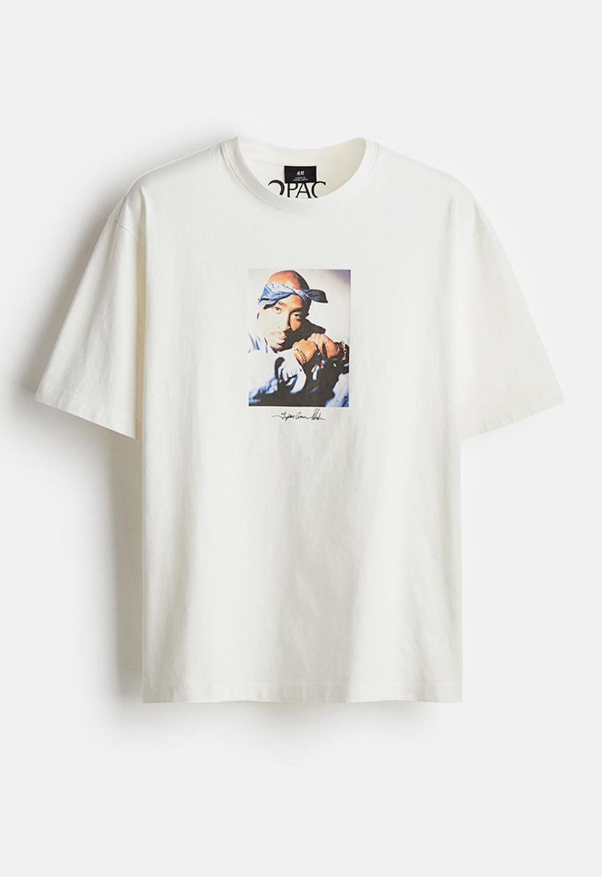 H&M - Loose fit printed t-shirt - white 2pac
