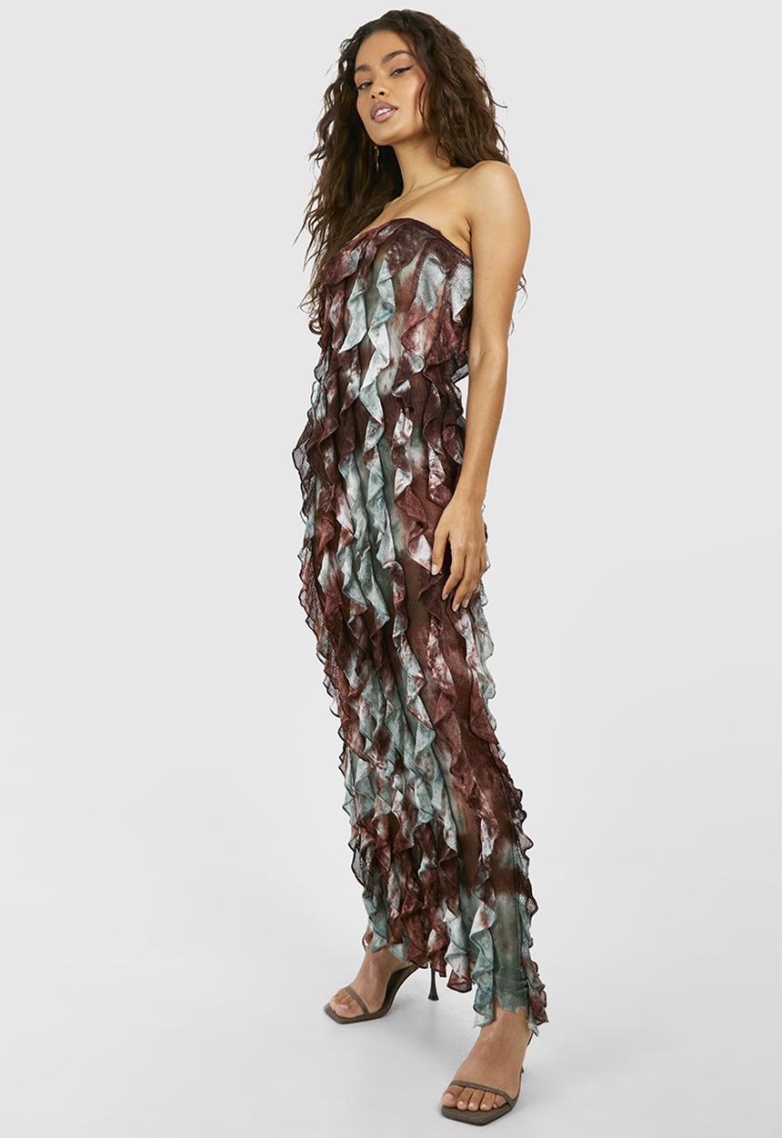 boohoo - Bandeau Ruffle Textured Tie Dye Maxi Dress - Chocolate