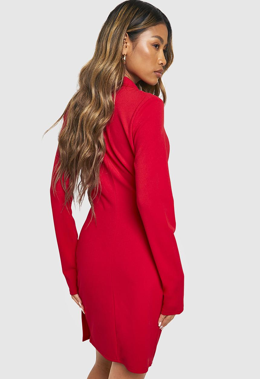 boohoo - Ruched Drape Long Sleeve Blazer Dress - Red