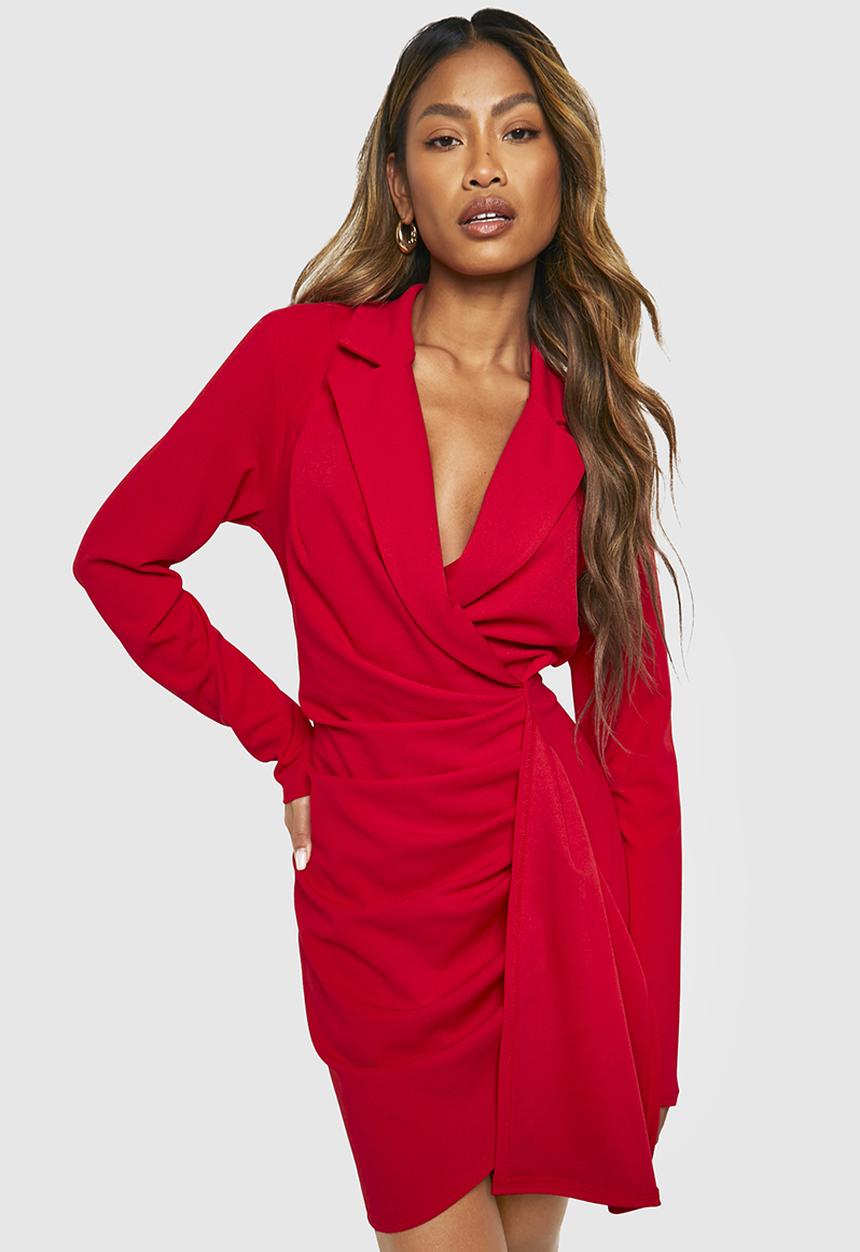 boohoo - Ruched Drape Long Sleeve Blazer Dress - Red