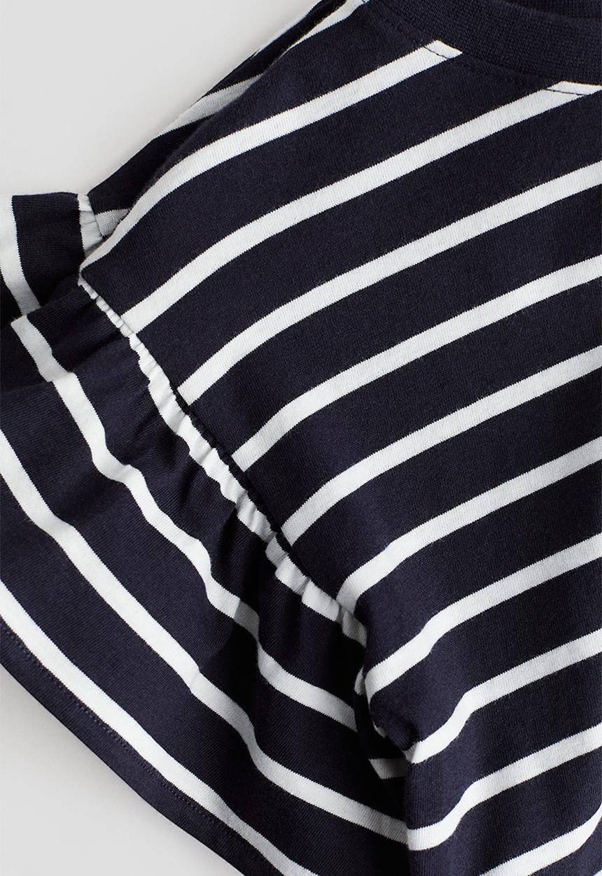 H&M - Flounce-sleeved jersey top - navy blue striped