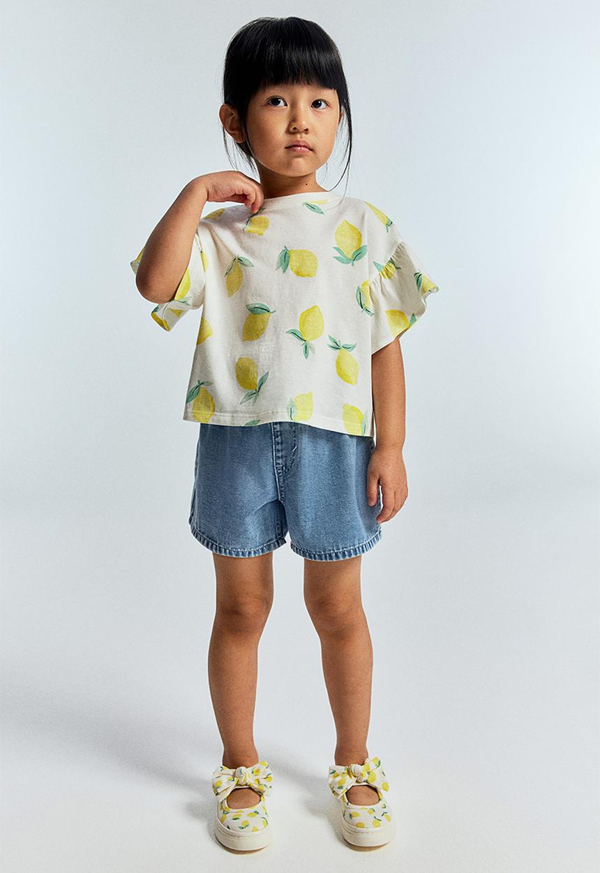 H&M - Flounce-sleeved jersey top - white & lemons