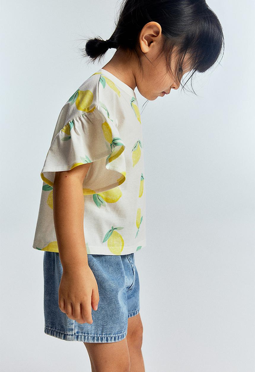 H&M - Flounce-sleeved jersey top - white & lemons