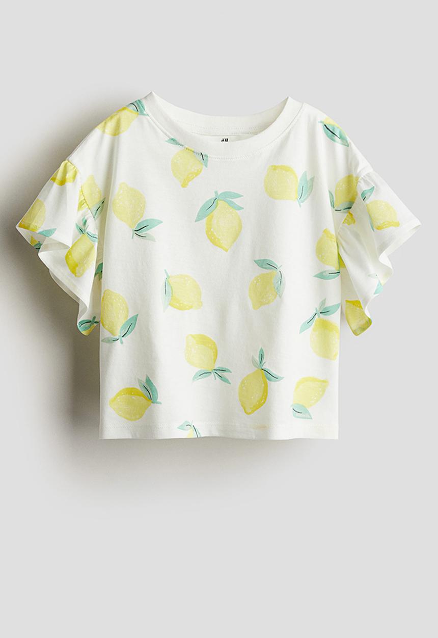H&M - Flounce-sleeved jersey top - white & lemons