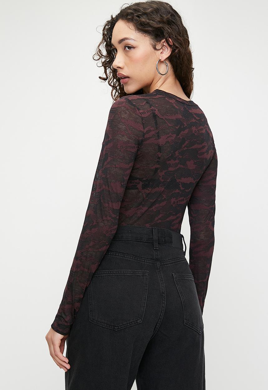 G-STAR - Fine lace aop slim r t wmn long sleeve - black & burgundy 