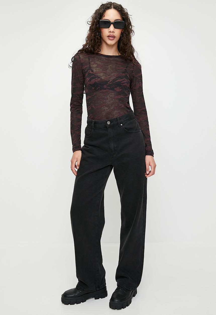 G-STAR - Fine lace aop slim r t wmn long sleeve - black & burgundy 