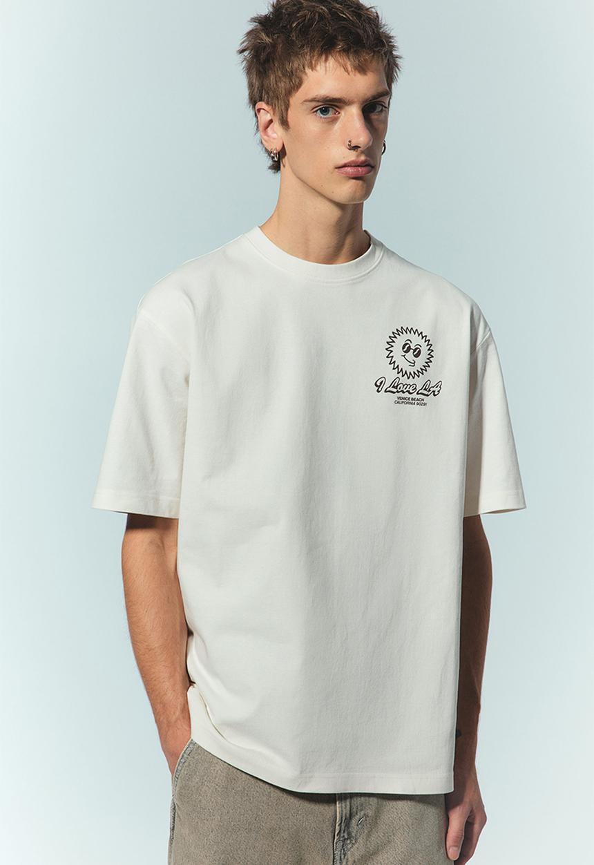 H&M - Loose fit printed t-shirt - cream i love la