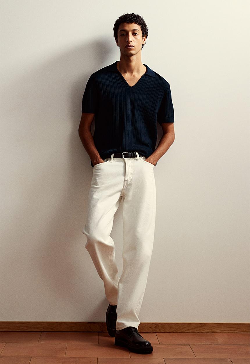 H&M - Regular fit ribbed polo shirt - navy blue