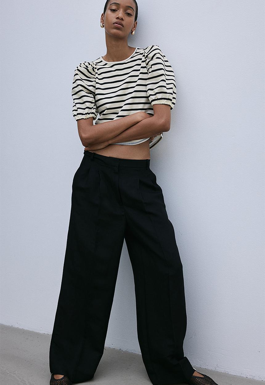 H&M - Puff-sleeved top - light beige striped